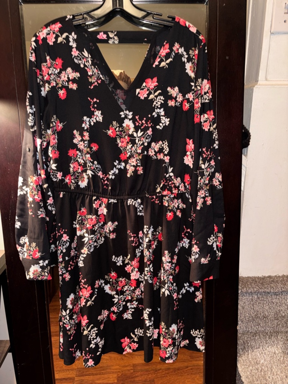 LOFT Black Long Sleeve Floral V‑Neck Dress with Pink and White Blooms